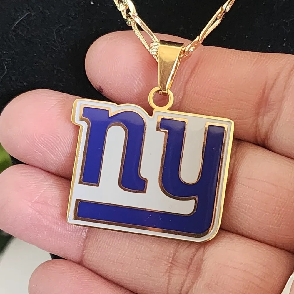 Gold Stainless Steel Figaro Chain Necklace with NY Giants Pendant